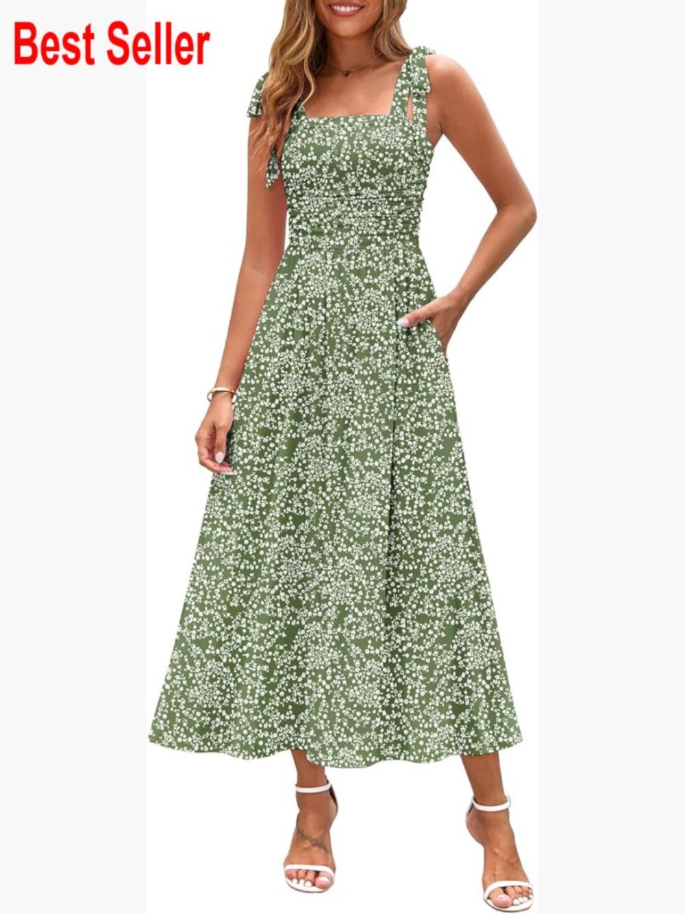 Polyester Blend Spaghetti Strap Floral Maxi Dress With Pockets Smocked Back